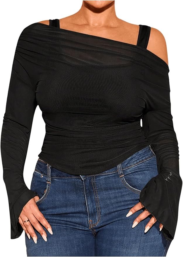 Off Shoulder T Shirt Ruched Sheer Bell