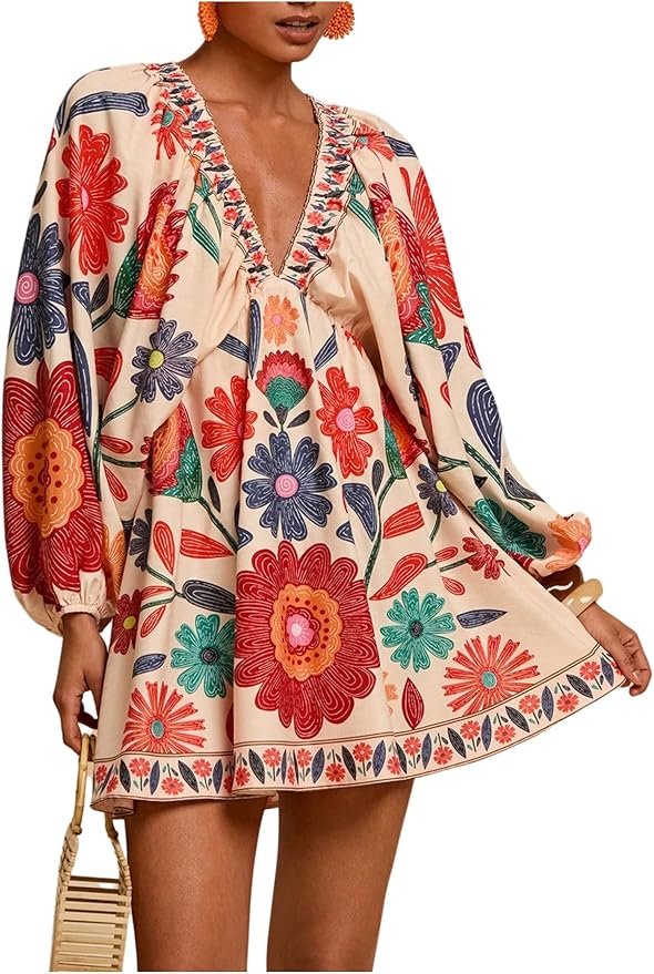 Boho Floral V Neck Short Dress